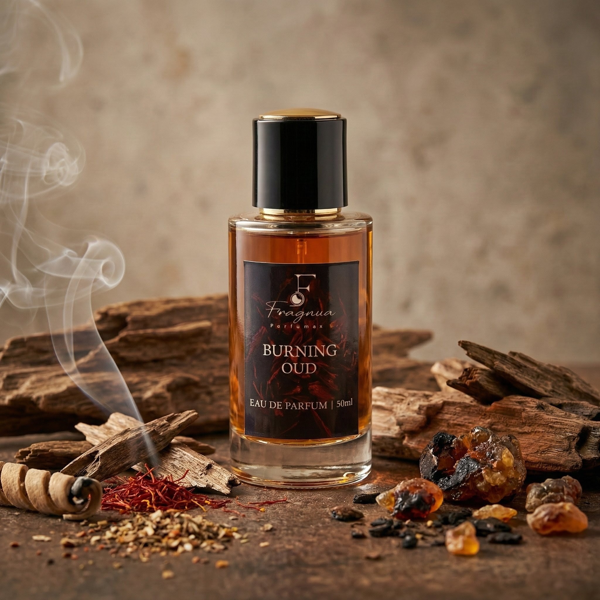 Bottle of 'Burning Oud' perfume with oudh incense and resins on a wooden surface.