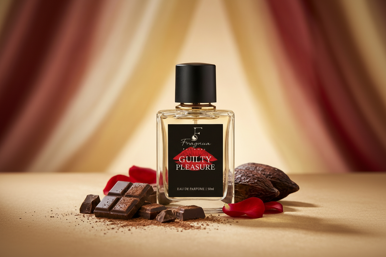 Perfume bottle labeled 'Guilty Pleasure' with chocolate pieces and rose petals on a warm-toned background